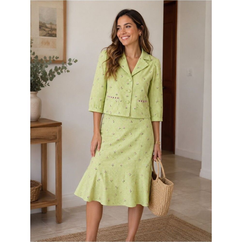 (N4) ABR NEW YORK Women's Two Piece Suit Green, White and Pink Silk  Size 6‎